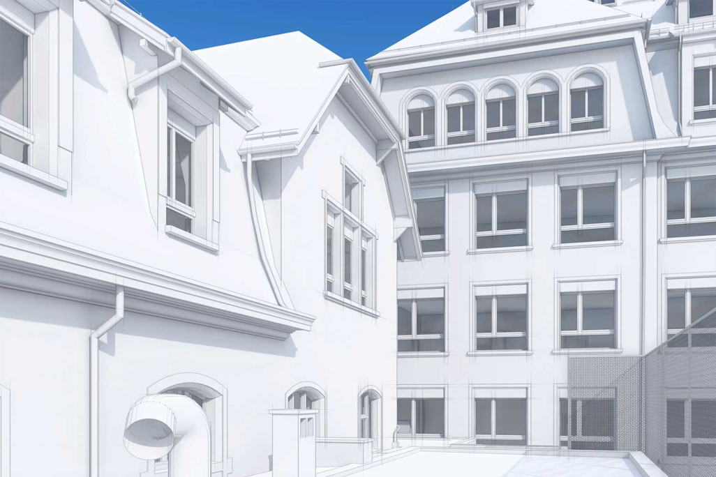 Gebäudeaufnahme, Schulhaus Moosmatt in Luzern, 3D-Modell, HMQ AG