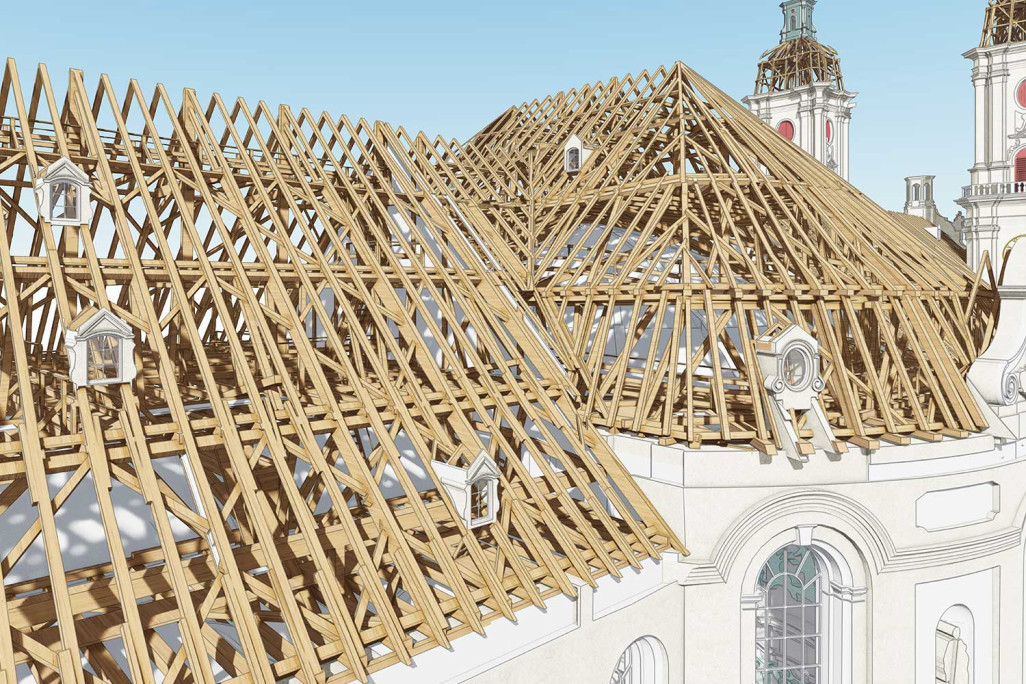 St. Gallen, 3D-Modell Dachstock von Stiftsbezirk-Kathedrale aus einer Gebäudeaufnahme, HMQ AG
