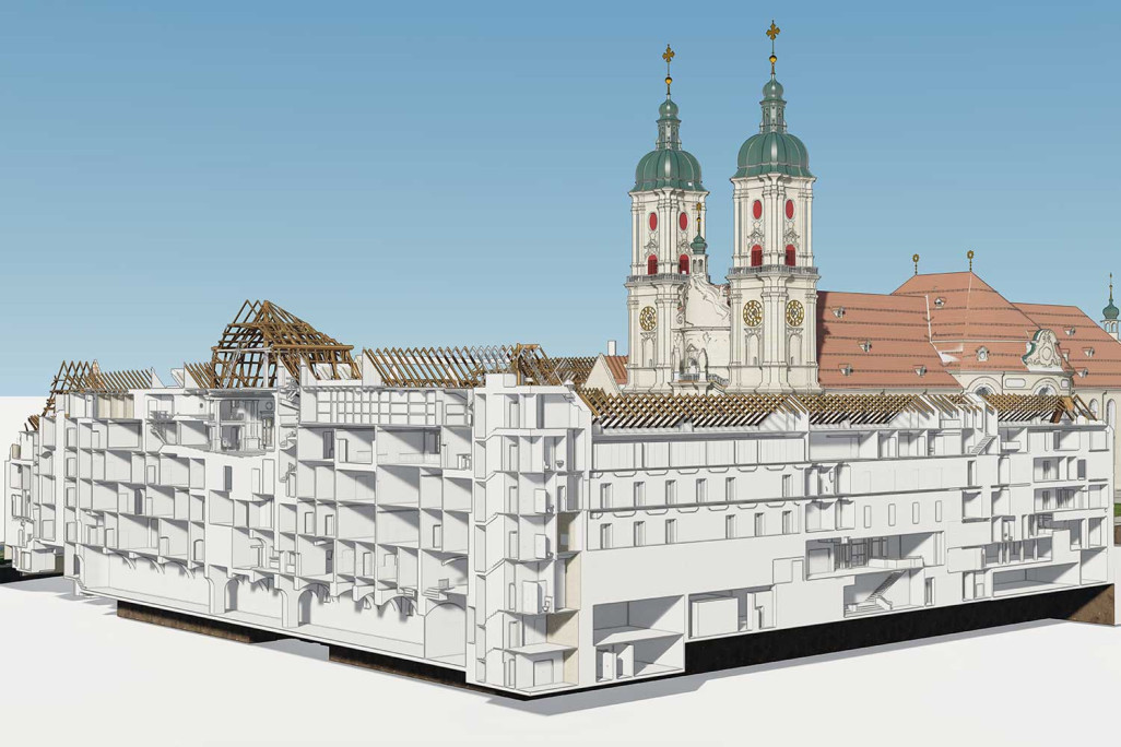 St. Gallen, 3D-Modell Schnitt vom Stiftsbezirk-Areal aus einer Gebäudeaufnahme, HMQ AG