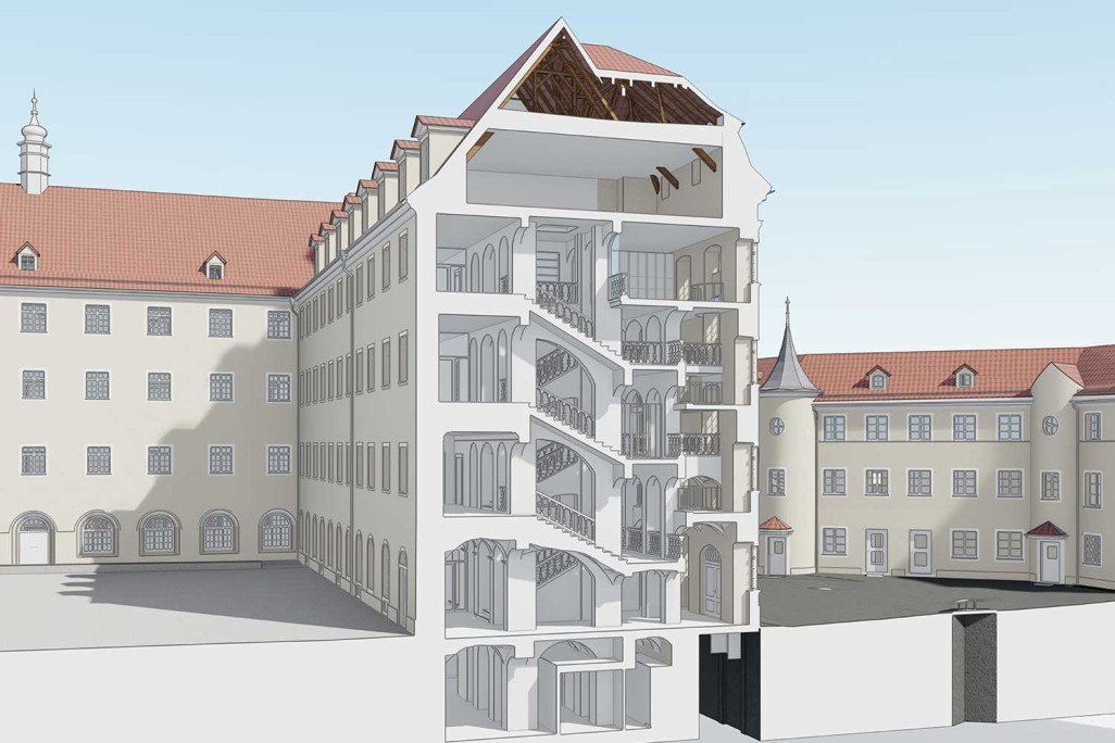 St. Gallen, 3D-Modell Querschnitt Klosterhof auf dem Stiftsbezirk-Areal aus einer Gebäudeaufnahme, HMQ AG
