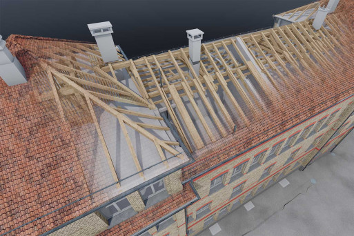 3D-Modell Dachstock Theilerhaus in Zug aus Punktwolke Gebäudevermessung, HMQ AG