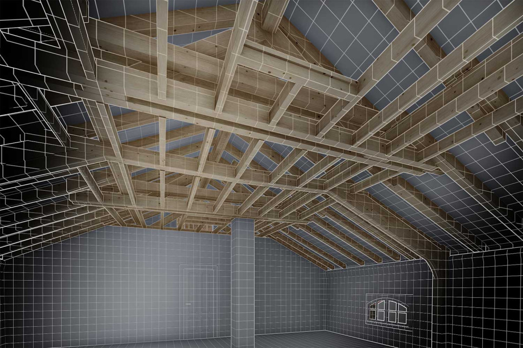 3D-Modellierung Dachstock Theilerhaus in Zug aus Punktwolke Gebäudevermessung, HMQ AG
