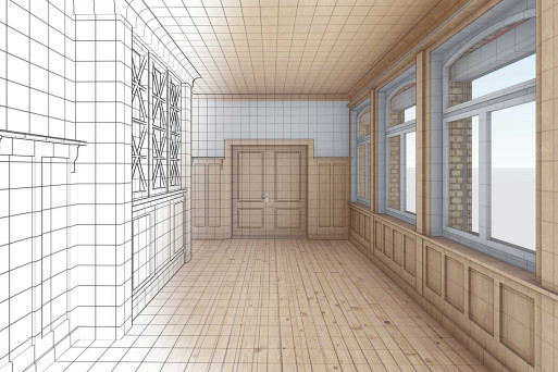 3D-Modellierung Innen Theilerhaus in Zug aus Punktwolke Gebäudevermessung, HMQ AG