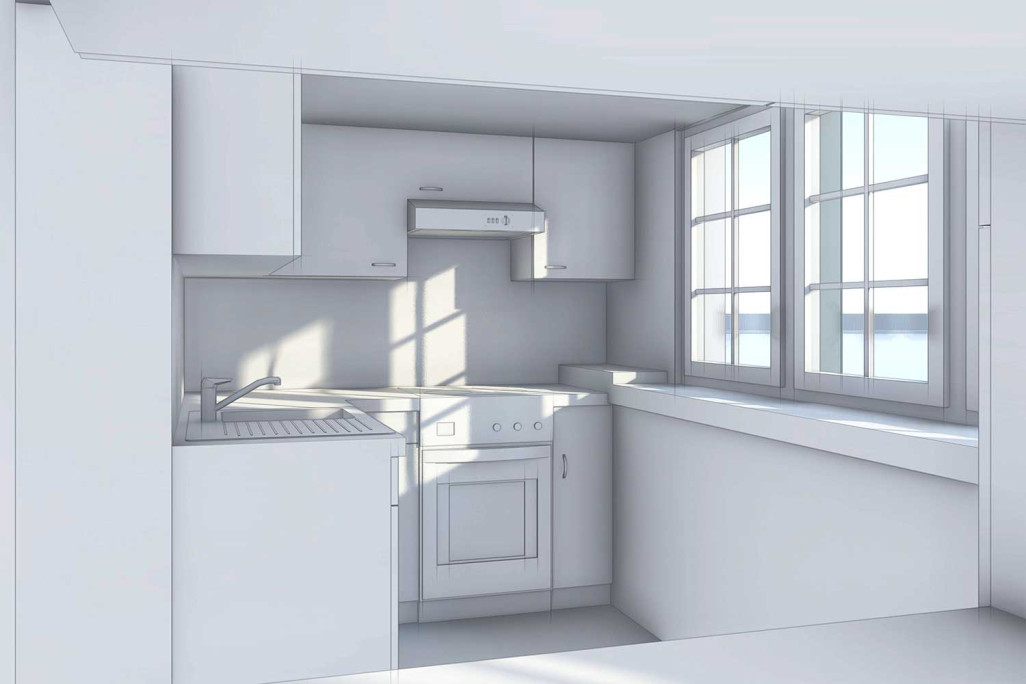 Einfamilienhaus, Gebäudeaufnahme 3D-Küche, HMQ AG