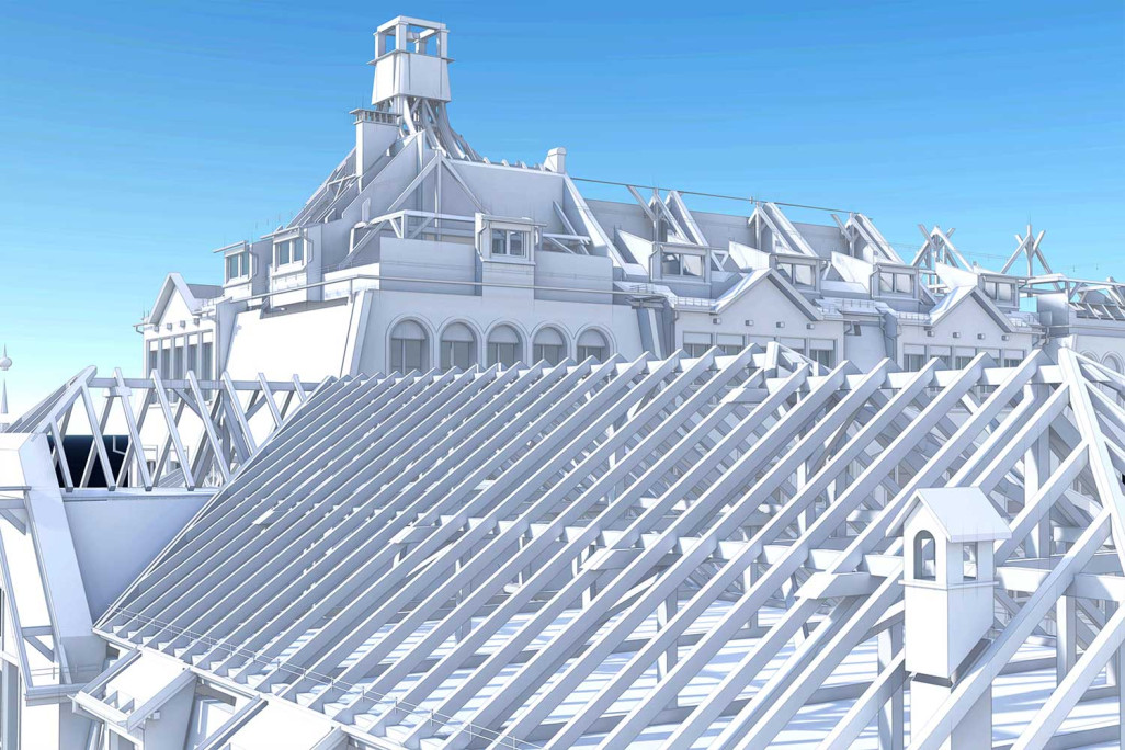 Gebäudeaufnahme, Schulhaus Moosmatt in Luzern, 3D-Dachstock, HMQ AG
