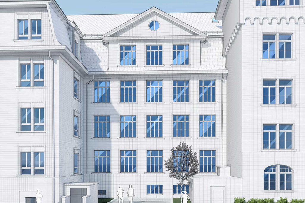 Gebäudeaufnahme, Schulhaus Moosmatt in Luzern, 3D-Fassade, HMQ AG