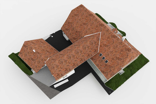 Bauernhaus mit Scheune, Gebäudeaufnahme von einem 3D-Modell, Dachaufsicht, HMQ AG