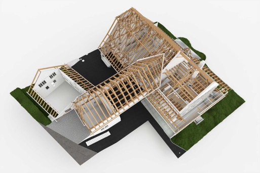 Bauernhaus mit Scheune, Gebäudeaufnahme von einem 3D-Modell, Dachkonstruktion, HMQ AG