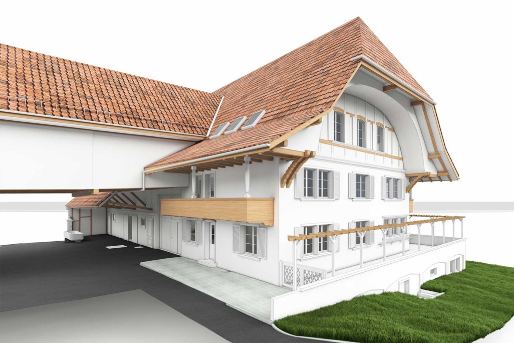 Bauernhaus mit Scheune, Gebäudeaufnahme von einem 3D-Modell, HMQ AG