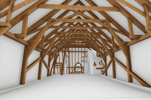 Bauernhaus mit Scheune, Gebäudeaufnahme von einem 3D-Modell, Tragkonstruktion, HMQ AG