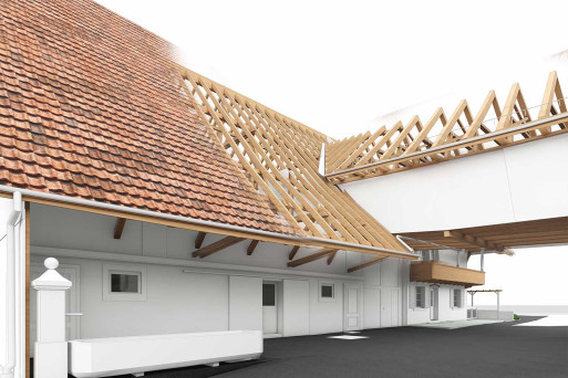 Bauernhaus mit Scheune, Gebäudeaufnahme von einer 3D-Modellierung, HMQ AG