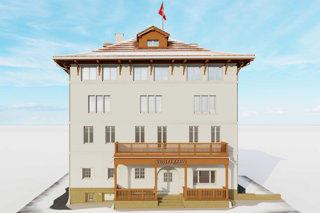 Bergün GR, Hotel Weisses Kreuz, 3D-Ansicht Fassade, HMQ AG