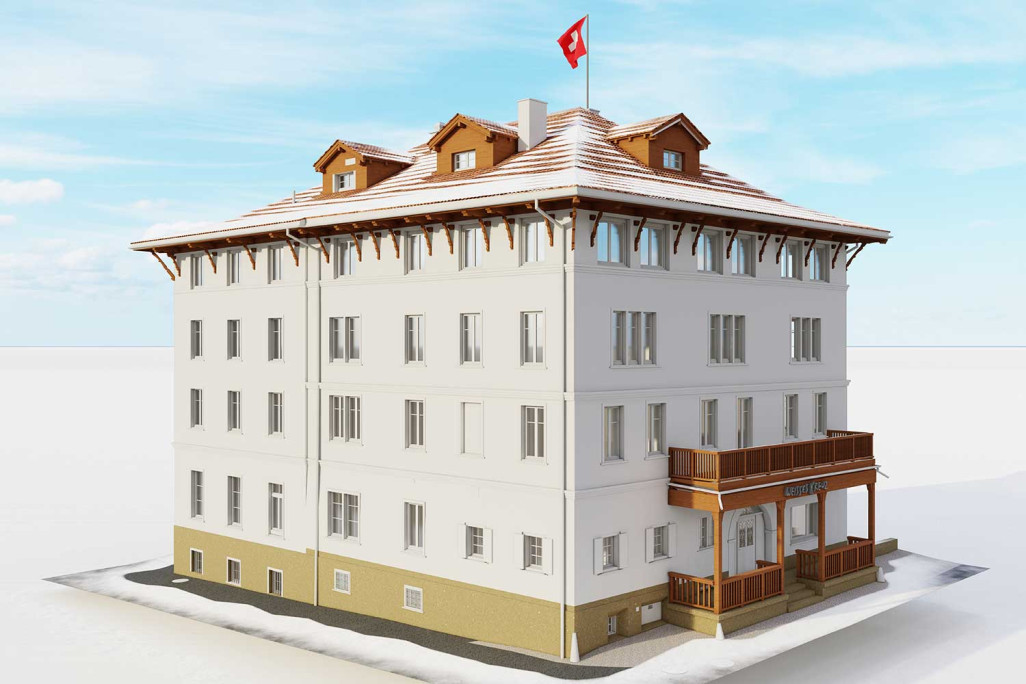 Bergün GR, Hotel Weisses Kreuz, 3D-Modell, HMQ AG