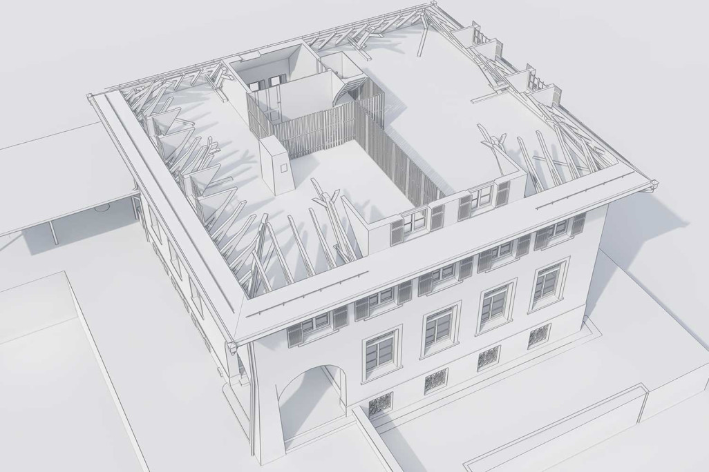 Dachkonstruktion in 3D-Modell vom Kindergarten Erzenholz in Frauenfeld, HMQ AG