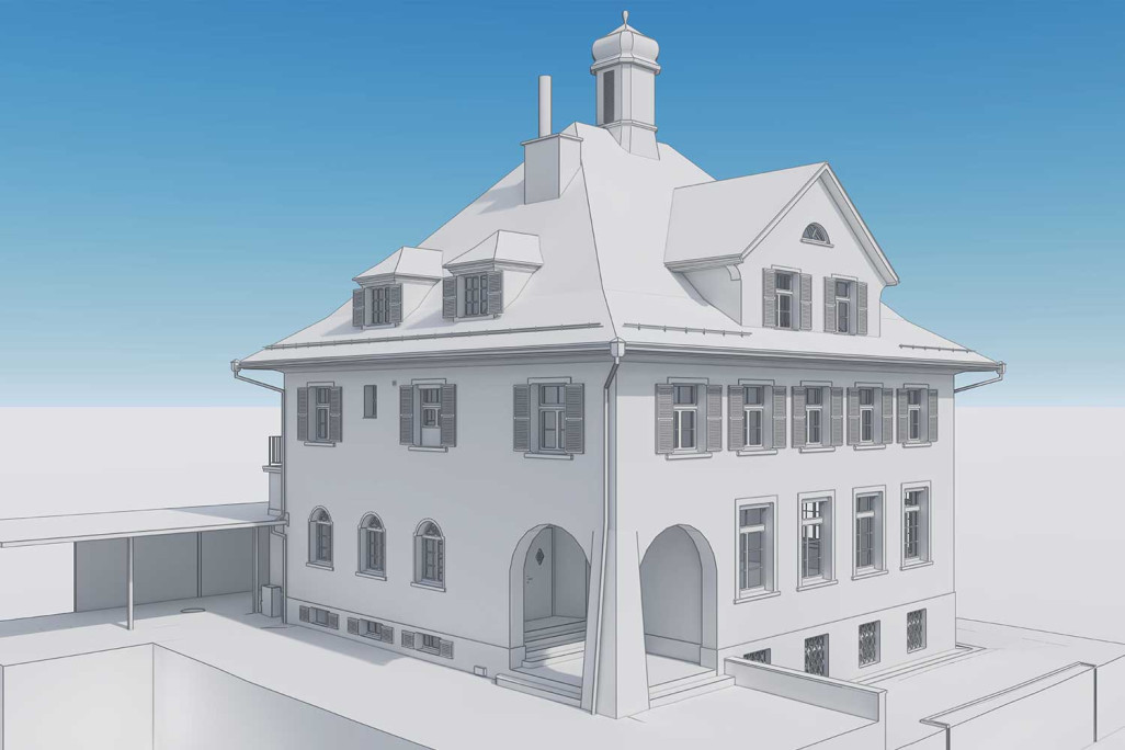 Gebäudevermessung und 3D-Modellierung vom Kindergarten Erzenholz in Frauenfeld, HMQ AG