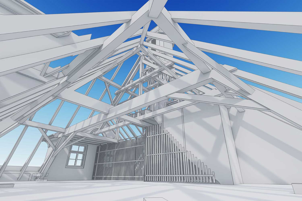 3D-BIM-Modell mit der Dachkonstruktion vom Kindergarten Erzenholz in Frauenfeld, HMQ AG