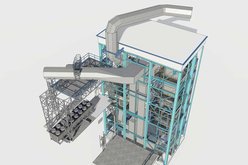 Trimmis GR, 3D-Modell Stahlkonstruktion, GEVAG Rauchgasreinigung, HMQ AG