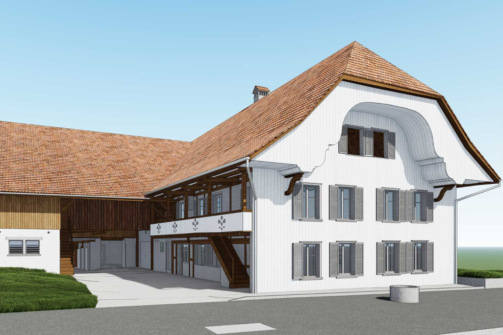 Architekturvermessung mit 3D-Laserscanning von Bauernhaus mit Scheune in Bellmund, HMQ AG