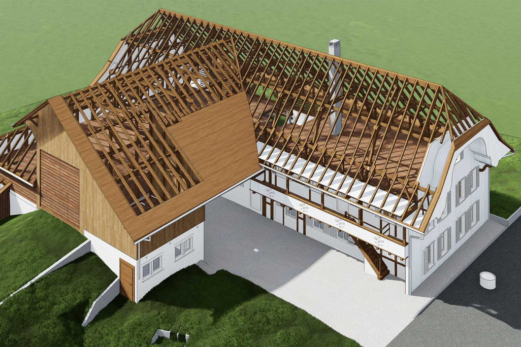 3D-Dachkonstruktion von Bauernhaus mit Scheune in Bellmund, HMQ AG