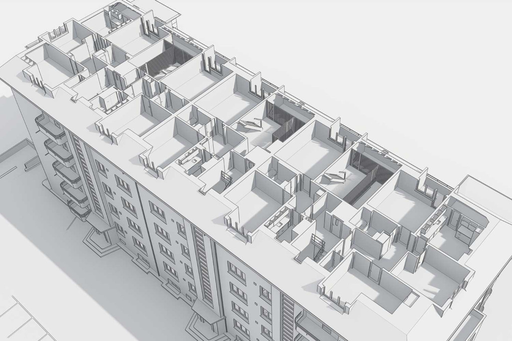 Schnitt durch 3D-Modell von Mehrfamilienhaus in Bern, HMQ AG