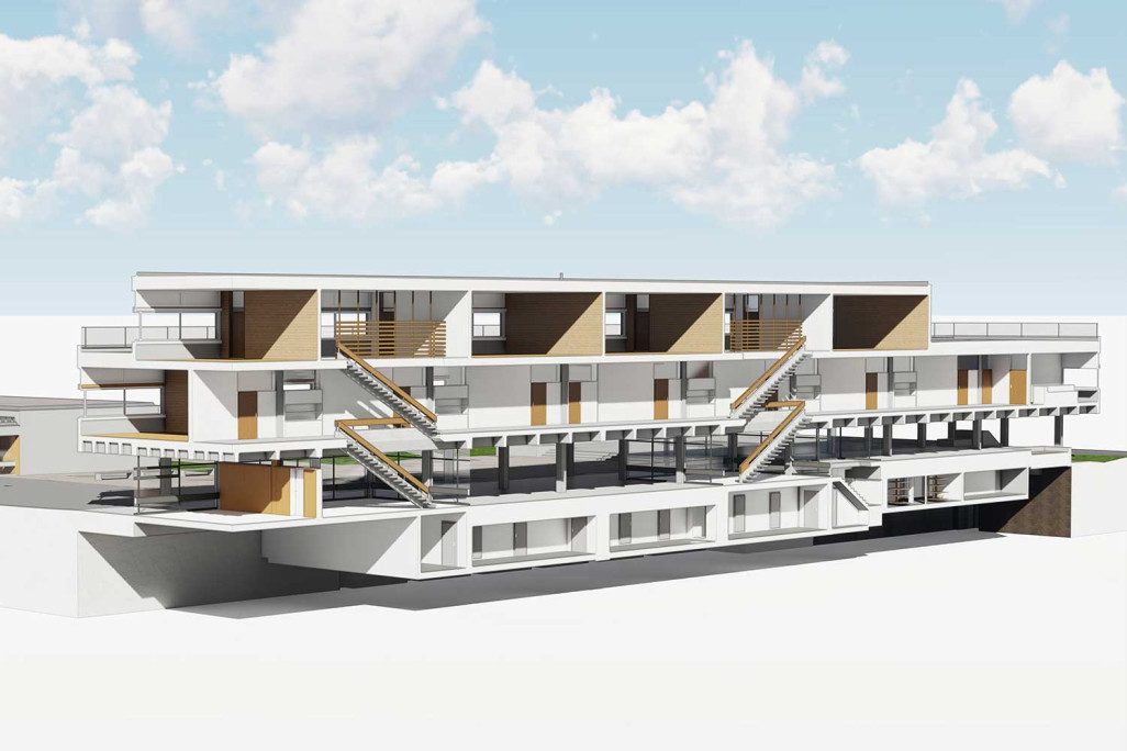 Schnitt durch 3D-Modell von Schulanlage Champagne in Biel, HMQ AG