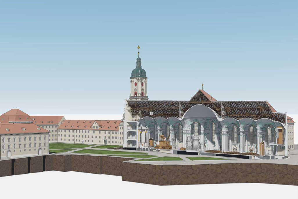 St. Gallen Stiftsbezirk, Gebäudeaufnahme, Längsschnitt Kathedrale aus 3D-Modell, HMQ AG