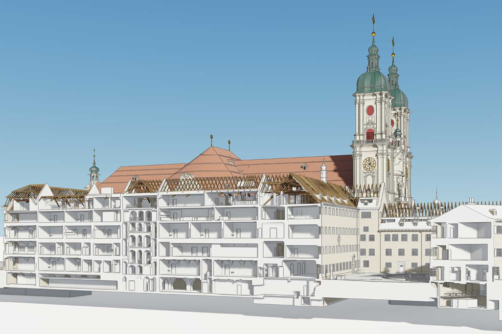 St. Gallen Stiftsbezirk, Gebäudeaufnahme, Schnitt Klosterhof aus 3D-Modell, HMQ AG