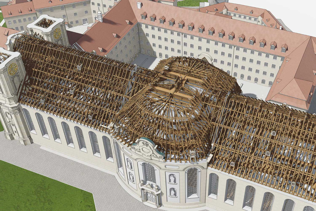 St. Gallen Stiftsbezirk, Gebäudevermessung, 3D-Modell vom Dachstock der Kathedrale, HMQ AG