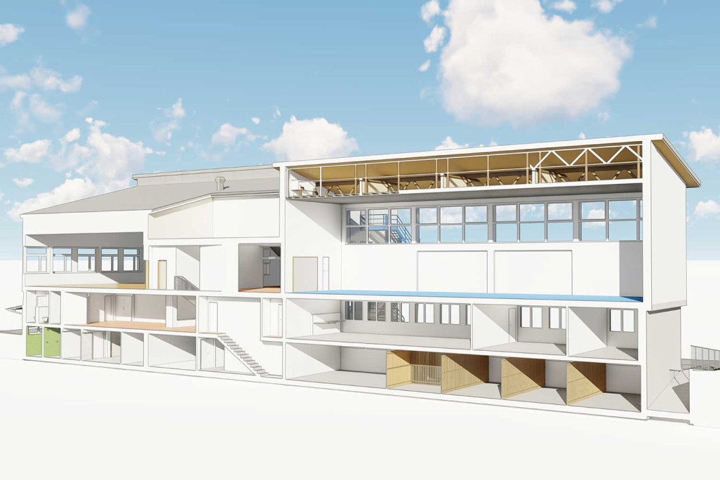 Vordemwald, Gebäudeaufnahme Gemeindesaal und Turnhalle, 3D-Längsschnitt, HMQ AG