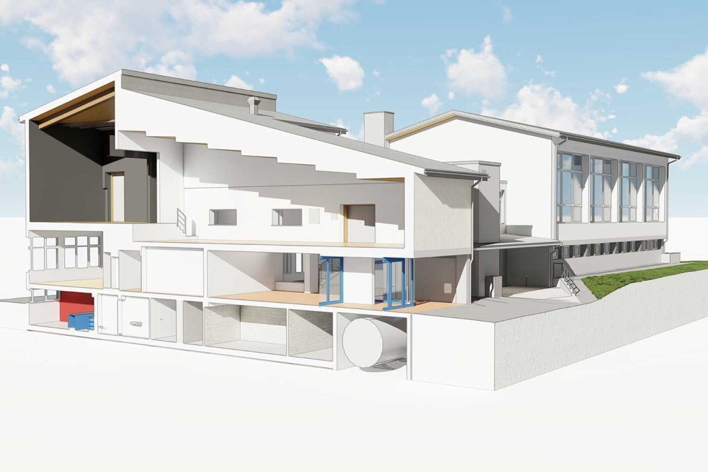 Vordemwald, Gebäudeaufnahme Gemeindesaal und Turnhalle, 3D-Schnitt, HMQ AG
